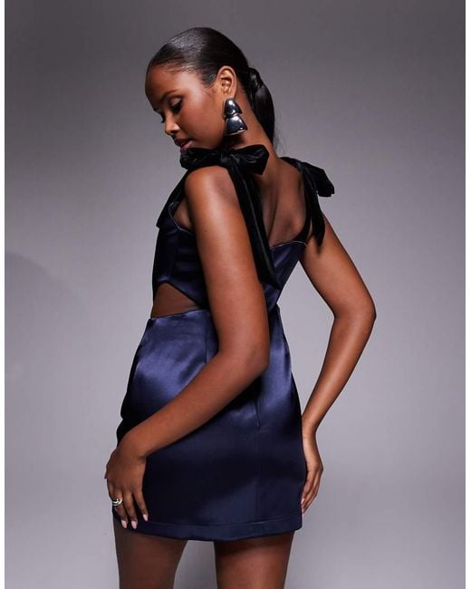 ASOS Blue Bonded Satin Corset Cut Out Mini Dress With Velvet Tie Shoulder