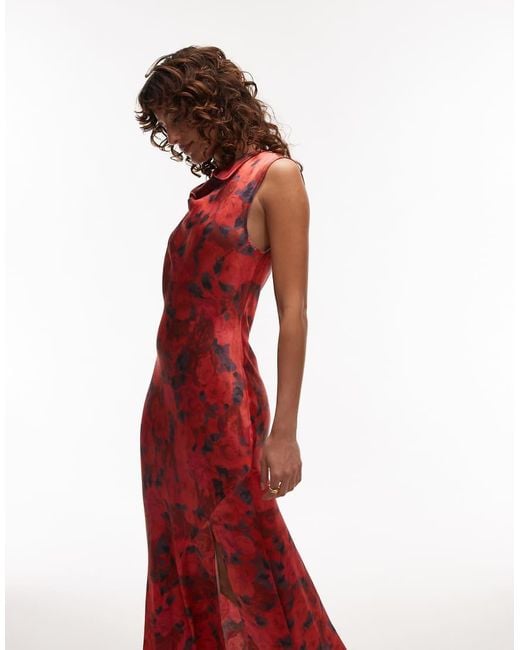 Vestido Largo Con Cuello Drapeado De TOPSHOP de color Red