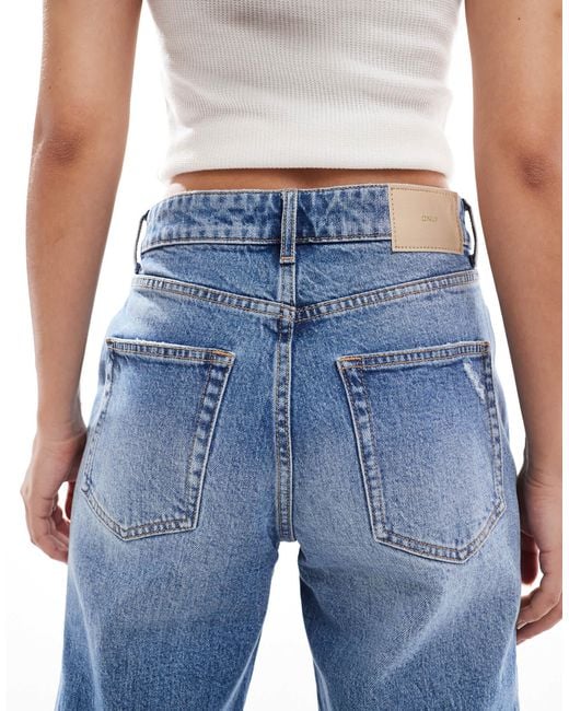 ONLY Blue – juicy – distressed-jeans aus mittelem denim mit hohem bund, weitem bein und unversäubertem saum