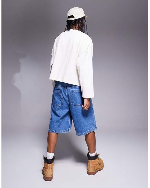 Pantalones Cortos Vaqueros De Corte Alargado Con Detalle De Estilo Carpintero De -Azul ASOS de hombre de color Blue
