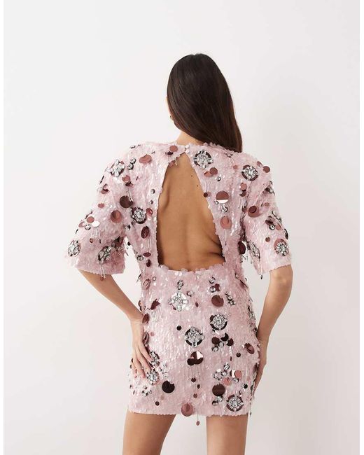 ARRANGE Pink Futurist Paillette Embellished Strong Shoulder T-shirt Mini Dress
