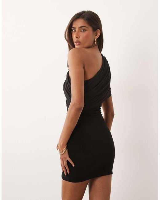 Missy Empire Black Missy Empire Double Sculpted Slinky Asymmetric Shoulder Fold Over Mini Dress