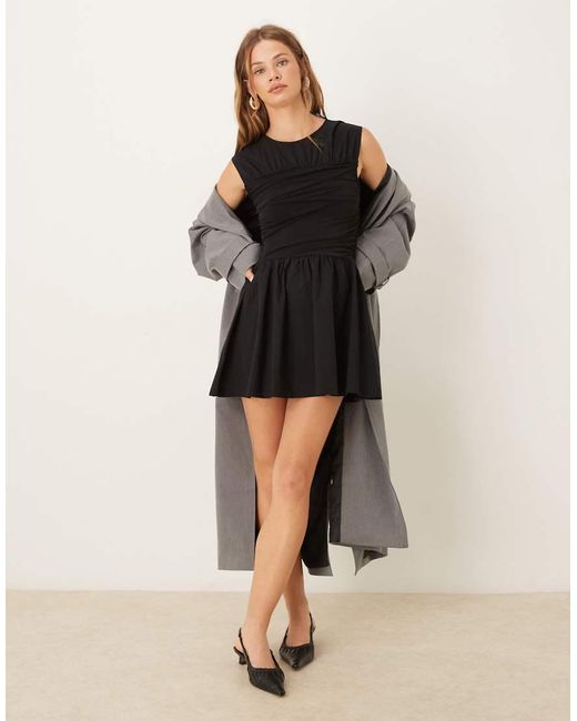ASOS Black Woven Mix Waisted Wrap Detail Mini Dress