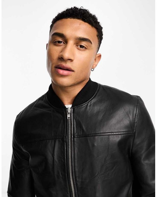 Barney's Originals Black Dio-Washington Real Leather Bomber Jacket for men