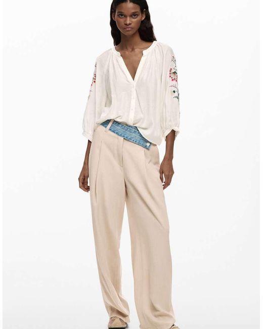 Desigual White Blouse Embroidered Sleeves