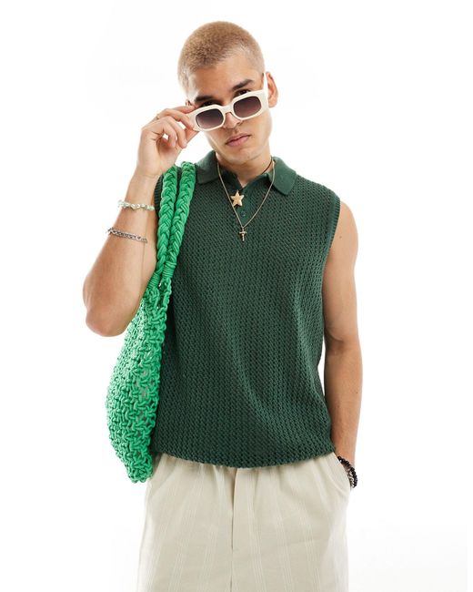 ASOS Green Knitted Pointelle Polo Vest for men