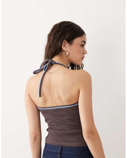 ASOS Black Ribbed V Neck Halter Top With Contrast Piping
