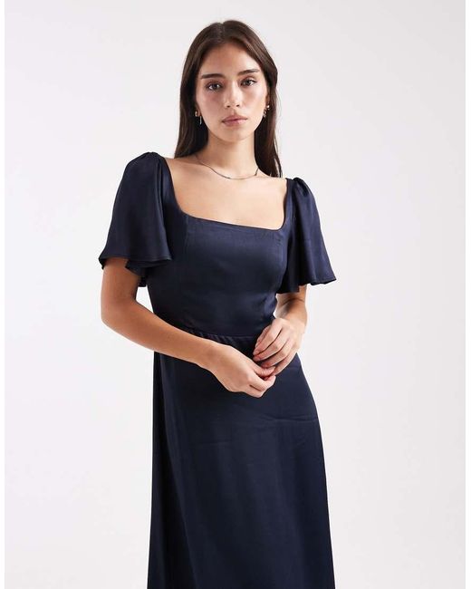 Maids To Measure Blue Bridesmaid Square Neck Flutter Sleeve Maxi Dress