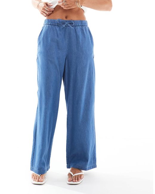 Only Petite Blue Tie Waist Wide Leg Denim Trousers