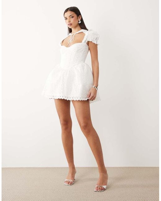 Bardot White Allington Broderie Corset Puff Sleeve Tie Collar Detail Mini Dress