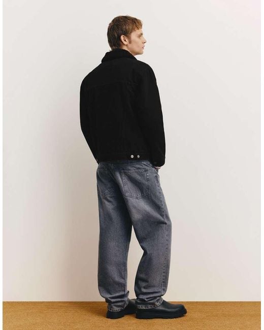 Pull&Bear Black Denim Jacket With Faux Shearling Collar for men