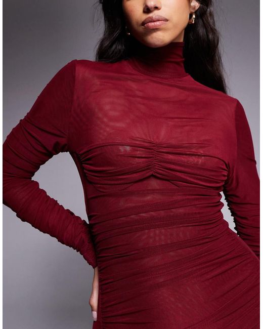 Ruched & Ready Red It Girl Sculpted Semi Sheer Mesh High Neck Bodycon Maxi Dress