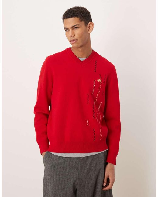 House Of Sunny Red More Spaghetti Jacquard Knit V-neck Jumper for men