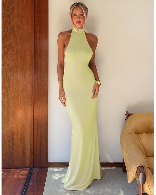 Tiger Mist Yellow X Em Venz Maddy High Racer Halterneck Open Back Drape Detail Maxi Dress