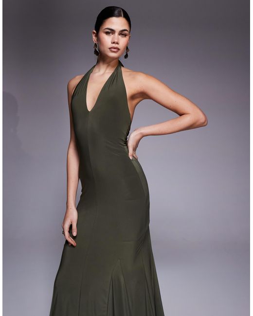 Fashionkilla Gray Exclusive Double Sculpted Slinky Plunge Halterneck Godet Hem Maxi Dress