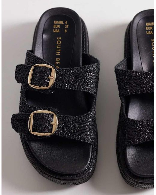 South Beach Black Double Buckle Platform Sandals