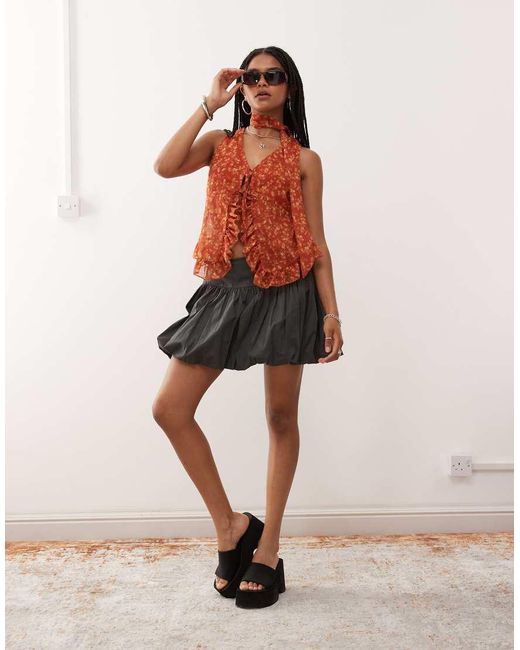 Reclaimed Vintage Brown Chiffon Floral Print Ruffle Tie Front Blouse With Matching Scarf