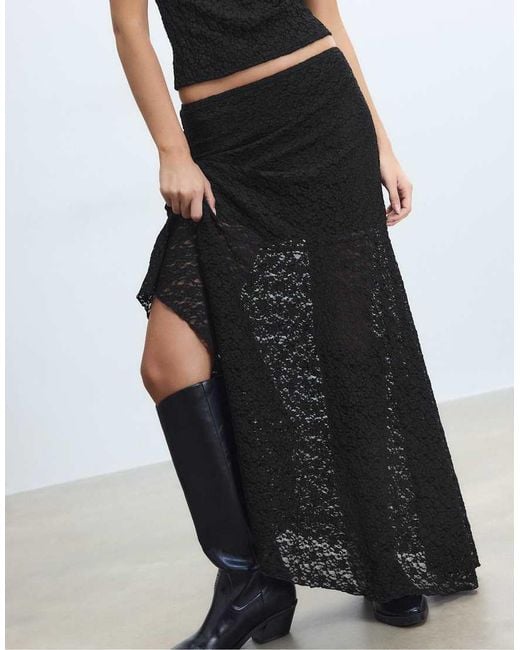 Stradivarius Black Asymmetric Lace Midi Skirt