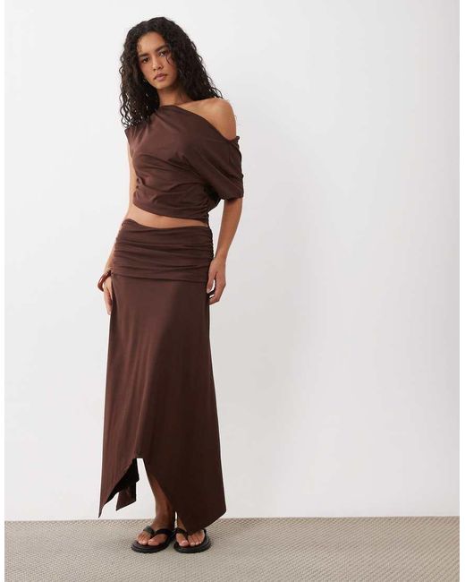 ASOS Brown Floaty Off Shoulder With Cinched Waist Co-ord Top