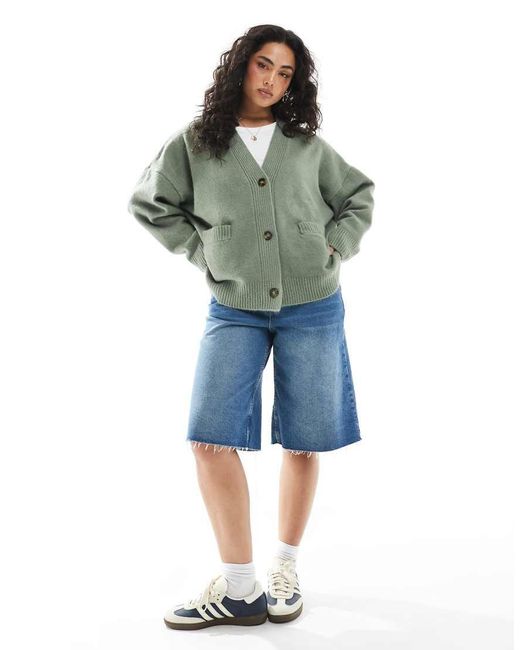Monki Green Knit Button Front Cardigan