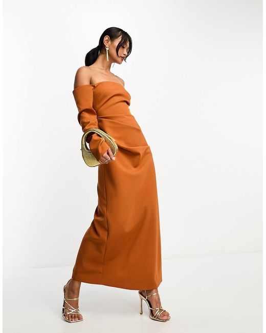 ASOS Orange Bardot Ruched Sleeve Midaxi Dress
