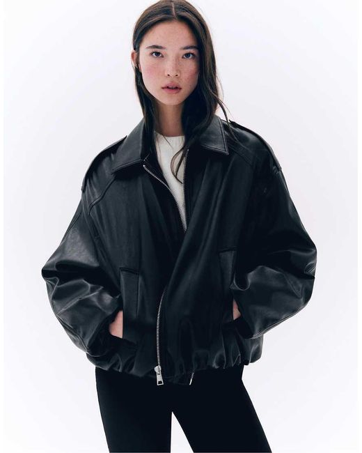 Bershka Gray Leather Effect Balloon Jacket