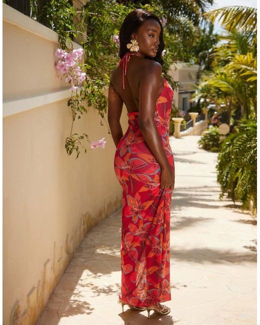 Vestito Da Mare Lungo Rosso Con Stampa Di Fiori Tropicali E Scollo Ad Anello di South Beach in Green