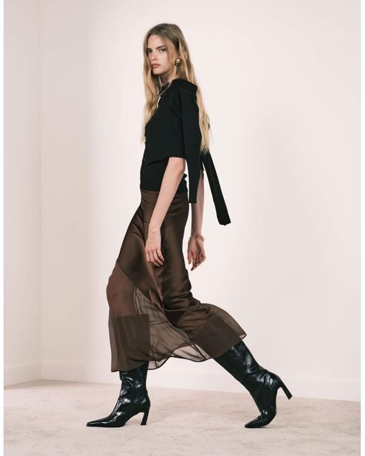 New Look Brown Satin And Chiffon Bias Midi Skirt