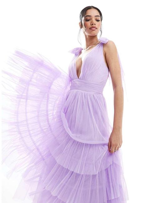 LACE & BEADS Purple Bridesmaid Bow Shoulder Midi Dress