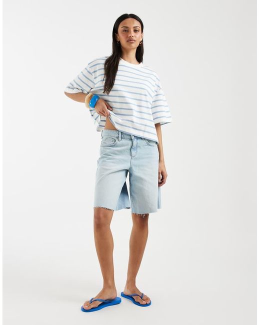ASOS White Boxy Cropped T-shirt Baby Blue & Cream Stripe