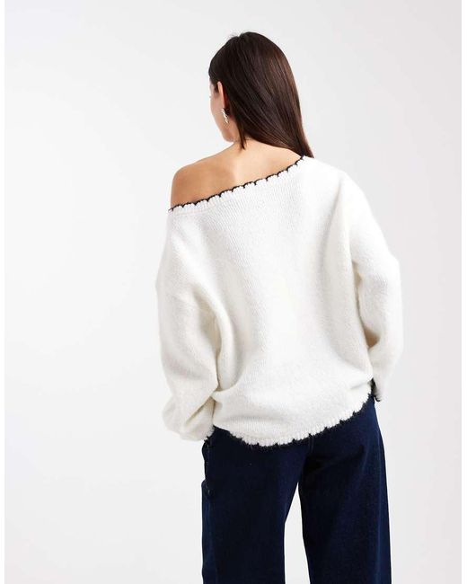 Miss Selfridge White Asym Off The Shoulder Blanket Stitch Slouchy Jumper