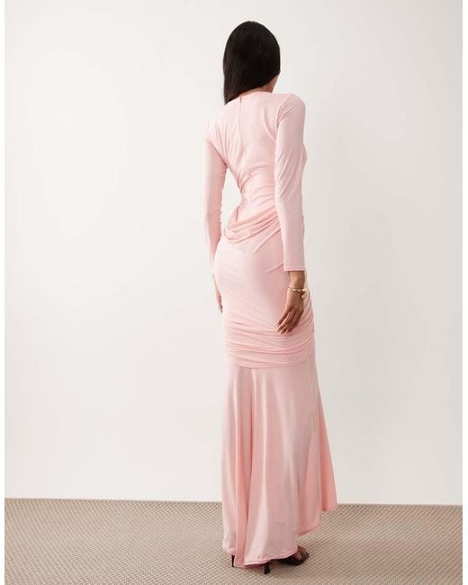 TFNC London Pink Slinky Ruched Detail Long Sleeve Maxi Dress