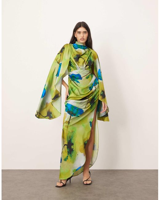 Robe longue en satin à manches oversize avec fronces - imprimé fleurs encre ARRANGE en coloris White