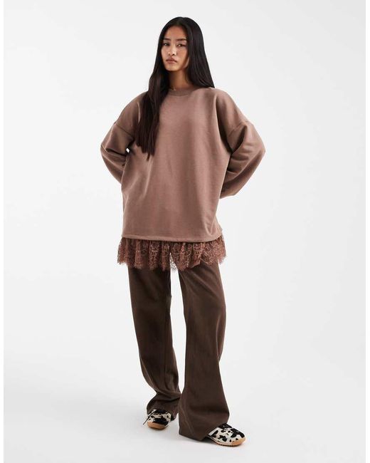 Miss Selfridge Brown Oversized Sweatshirt With Lace Hem