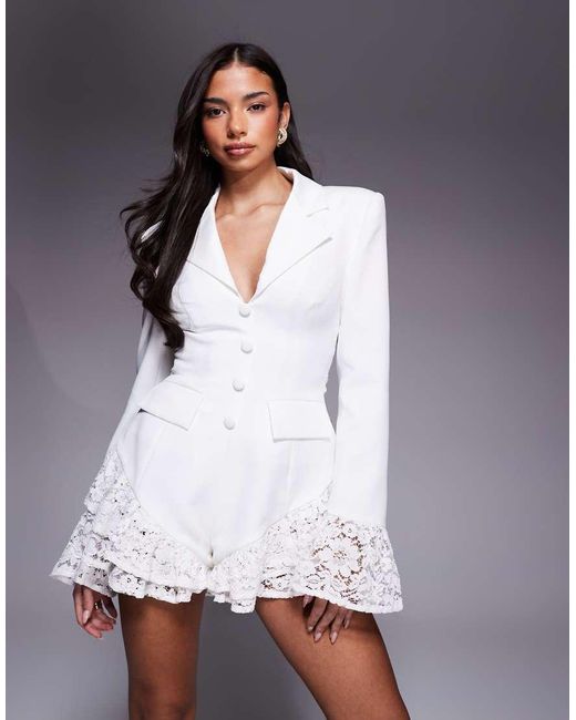 ASOS Gray Tailored Playsuit With Lace Trim Detail