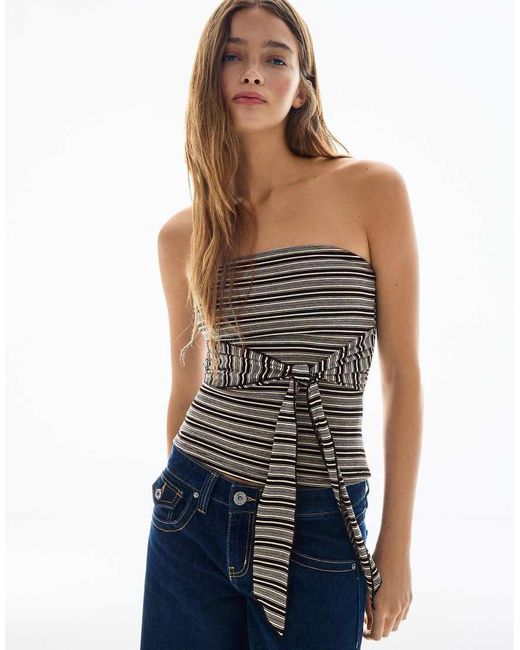 Bershka Blue Bandeau Top With Tie Detail