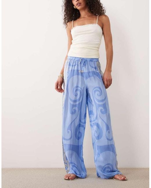 River Island Blue 'la Mer' Palm Printed Beach Trousers