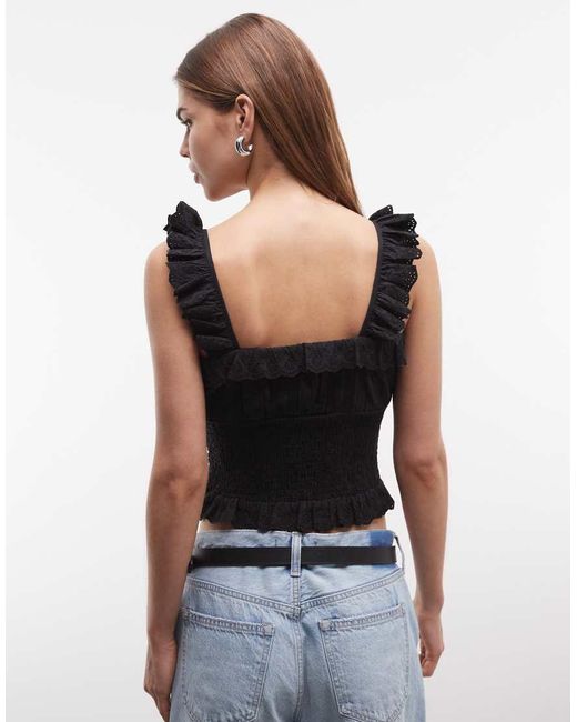 Reclaimed Vintage Black Cotton Rich Lace Trim Top