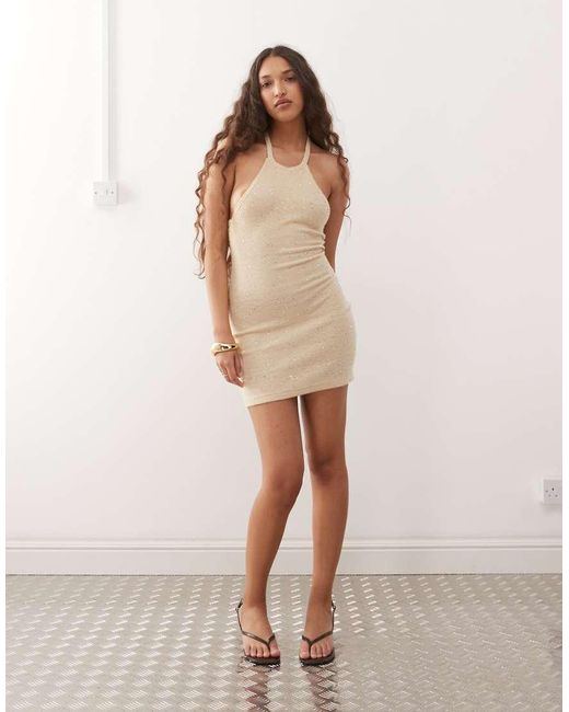 Motel Natural Yakanta Sequin Detail Knitted Mini Halter Dress