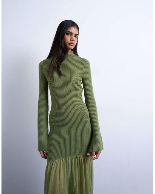 TOPSHOP Green Knitted Full Skirt Dress