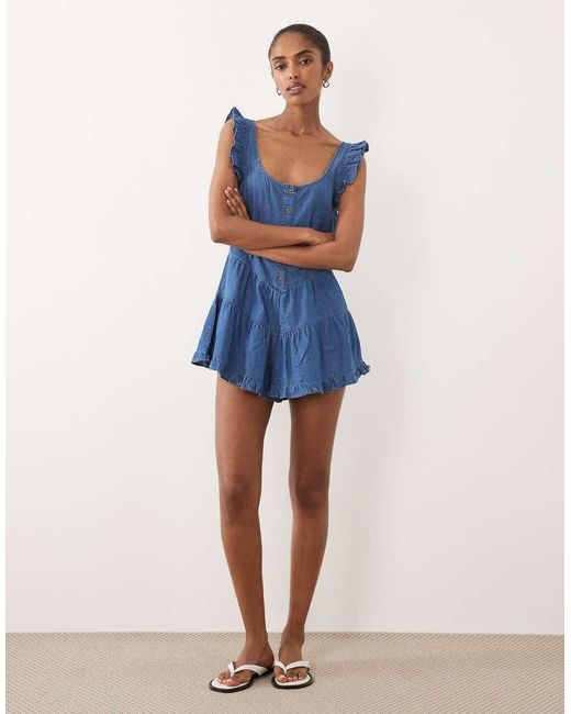 ASOS Blue Soft Denim Romper With Frill Shorts