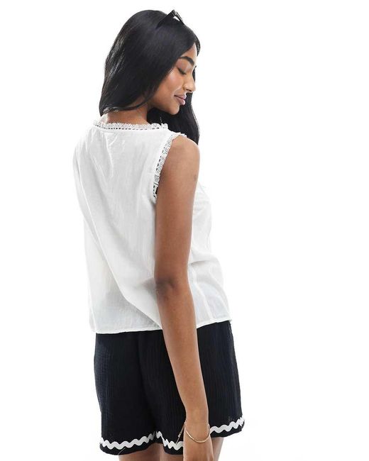ASOS White Sleeveless Lace Trim Top With Ribbon Tie Detail