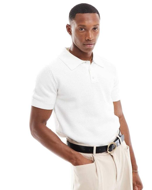 River Island White Textured Knitted Polo for men