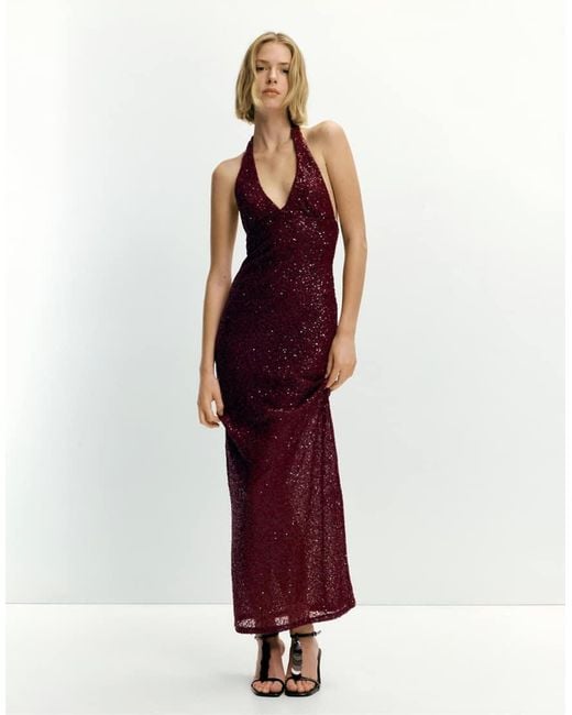 Pull&Bear Red Sequin Halter Midi Dress