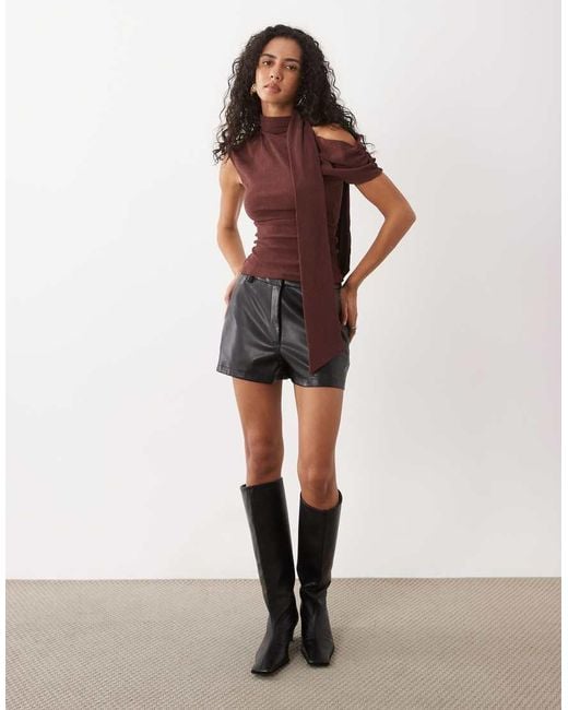 ASOS Brown Textured Scarf Neck Fallen Shoulder Top