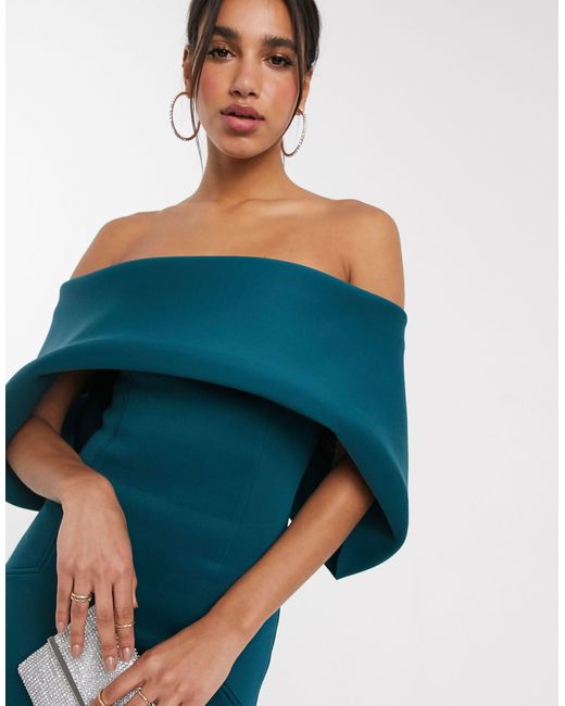 asos design fold front bardot midi pencil dress ASOS Fold Front Bardot Midi Pencil Dress-blue