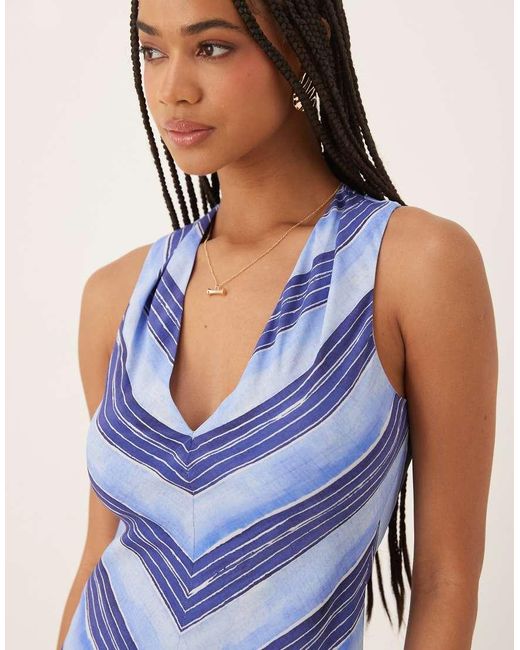 Vestido A Rayas Con Cuello De Pico Y Cintura Baja De Mango de color Blue