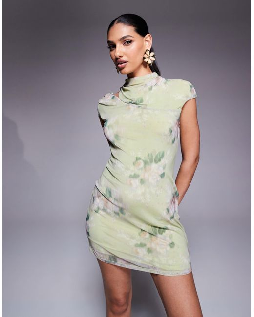 Robe courte en tulle à mancherons et fente sur l'épaule - vert fleuri ASOS en coloris Gray