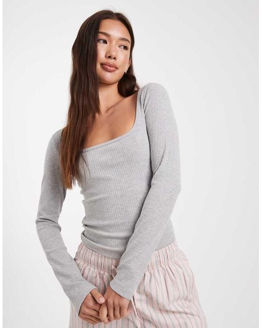 Miss Selfridge Geribbelde Top Met Vierkante Hals En Lange Mouwen in het Gray