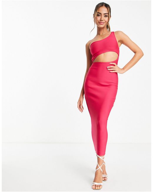 Band of Stars Premium Bandage Midi Dress With One Shoulder Trim in Pink ...